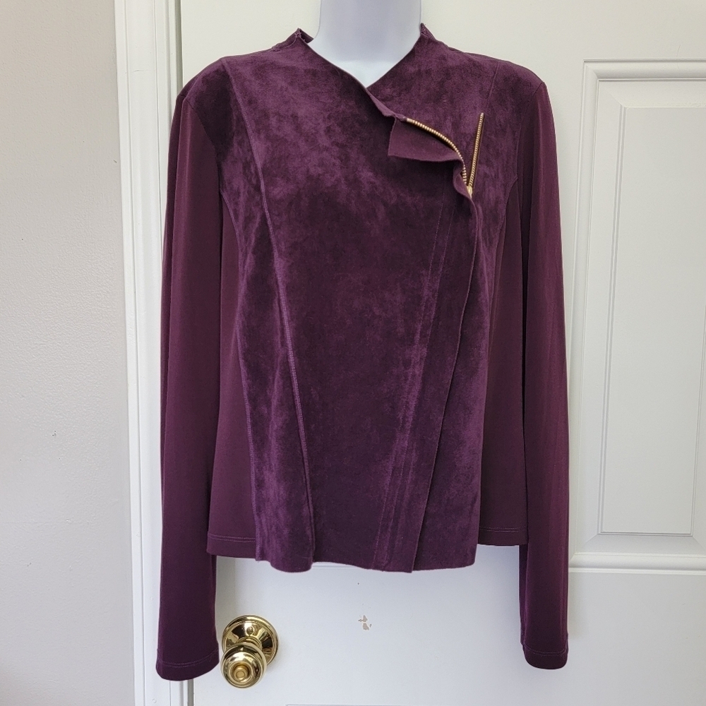Calvin Klein Faux Suede Moto Jacket Shirt Purple Full-Zip Stretch Women's Medium